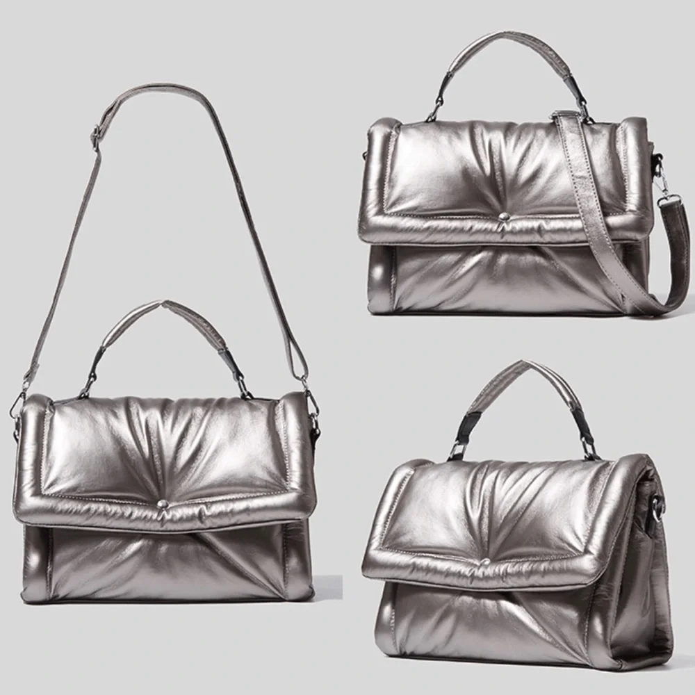 New Silver Gray Down Puff Shoulder Bag Handbag Tote bag Puffy Soft Carry On Bag - Picture 3 of 8